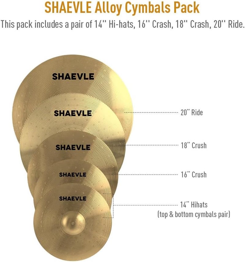 Shaevle Cymbal Pack, 5 Pieces Alloy Cymbals Drum Set, Cymbals for Drum Set Includes 14"/16"/18"/20" Cymbals, Golden - Image 2